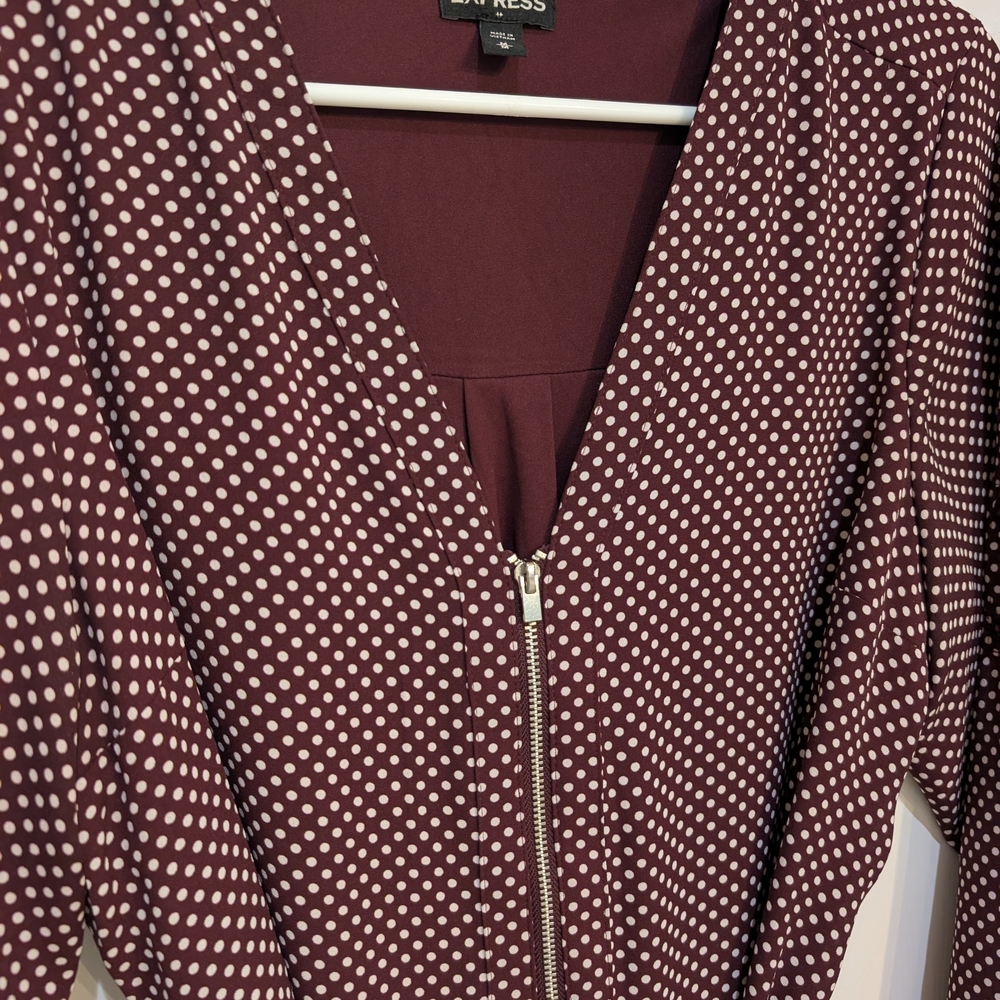 Express Burgundy Polka Dot Long Sleeve Dress - Picture 2 of 4